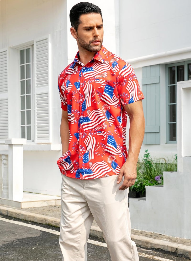 uideazone Independence Day Shirt for Men American Flag Firework Printed Button Up Shirt Casual Short Slevee Dress Shirt - Image 4